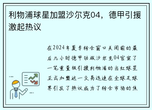 利物浦球星加盟沙尔克04，德甲引援激起热议