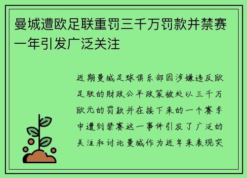 曼城遭欧足联重罚三千万罚款并禁赛一年引发广泛关注
