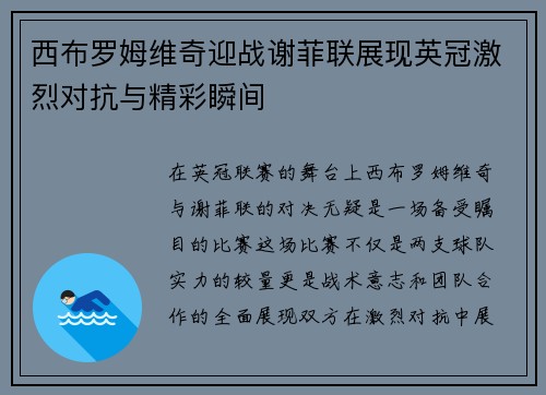 西布罗姆维奇迎战谢菲联展现英冠激烈对抗与精彩瞬间