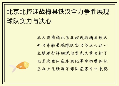 北京北控迎战梅县铁汉全力争胜展现球队实力与决心