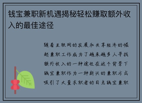 钱宝兼职新机遇揭秘轻松赚取额外收入的最佳途径