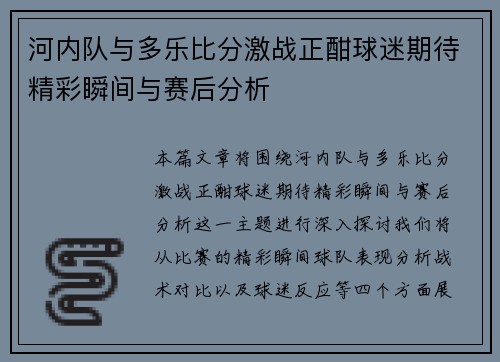 河内队与多乐比分激战正酣球迷期待精彩瞬间与赛后分析