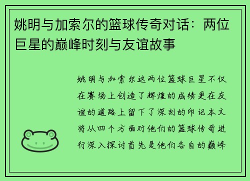 姚明与加索尔的篮球传奇对话：两位巨星的巅峰时刻与友谊故事