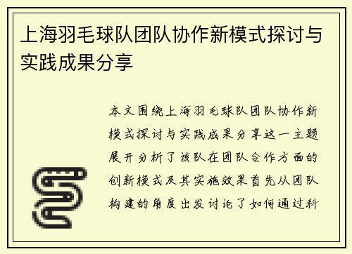 上海羽毛球队团队协作新模式探讨与实践成果分享