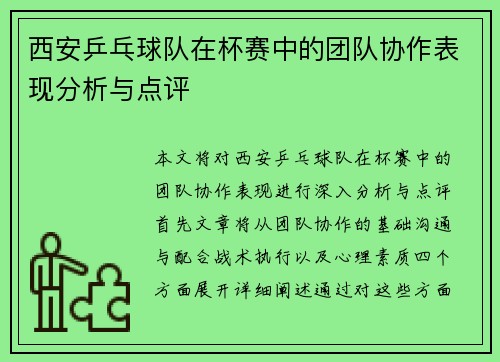 西安乒乓球队在杯赛中的团队协作表现分析与点评